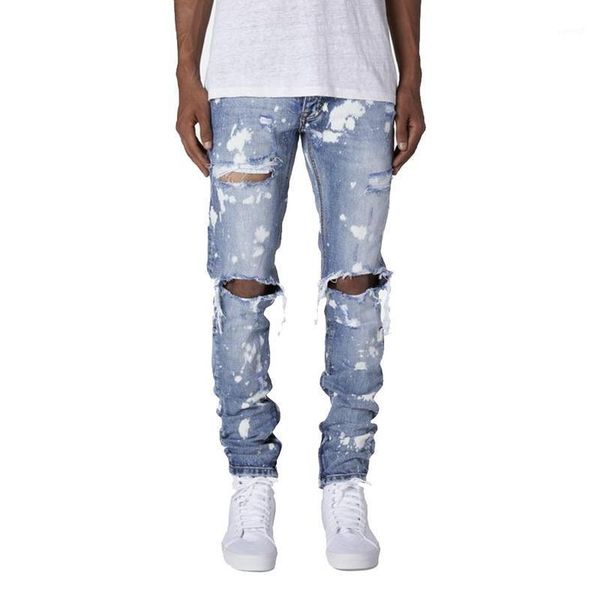 

men ripped skinny distressed destroyed slim fit stretch biker washed jeans pants with holes full length jeans1, Blue