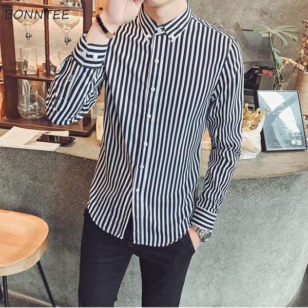 

shirts men 2021 spring males long sleeve slim striped shirt mens korean style leisure students chic soft daily, White;black