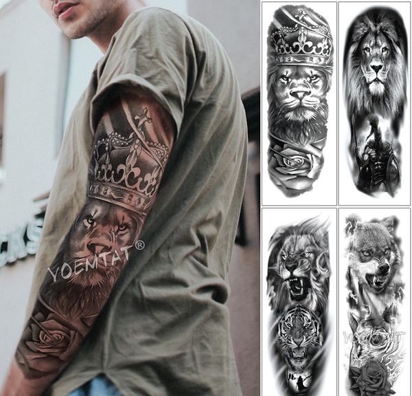 

crown temporary rose tiger waterproof full tattoo skull men king wild tattoo large wolf sleeve arm sticker totem lion bbynd lipper
