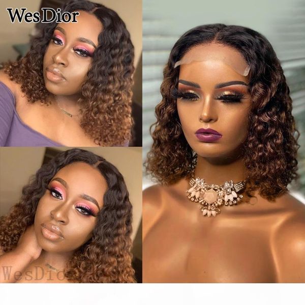 

ombre curly short bob wigs for black women preplcked lace wig t part lace curly human hair wigs remy density180 natural hairline, Black;brown