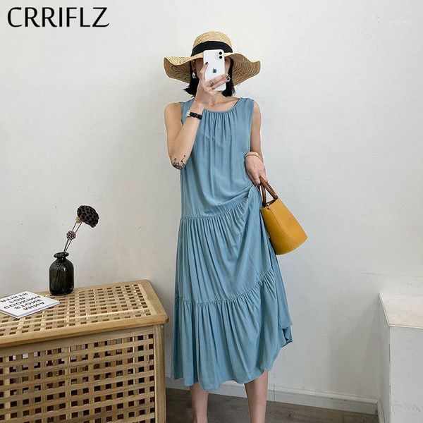 

casual dresses summer sleeveless chiffon dress women o-neck solid tank mid calf crriflz1, Black;gray