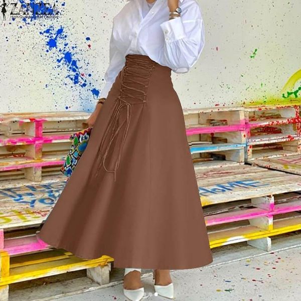 

spring high waist lace up long skirts fashion women skirts zanzea elegant solid maxi skirt jupe female a-line party vestidos, Black