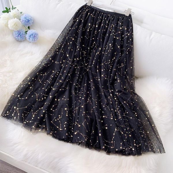 

autumn 2020 new slim long skirt with five pointed star fairy seng skirt showing thin mesh, Black