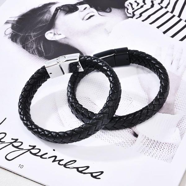

bangle classic fashion men's stainless steel metal leather single layer black buckle braided bracelet rope chain gift