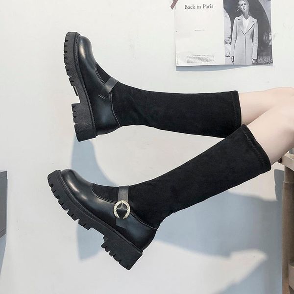 

boots shoes boots-women round toe luxury designer lolita mid calf 2020 rubber fashion autumn low ladies fabric hoof, Black