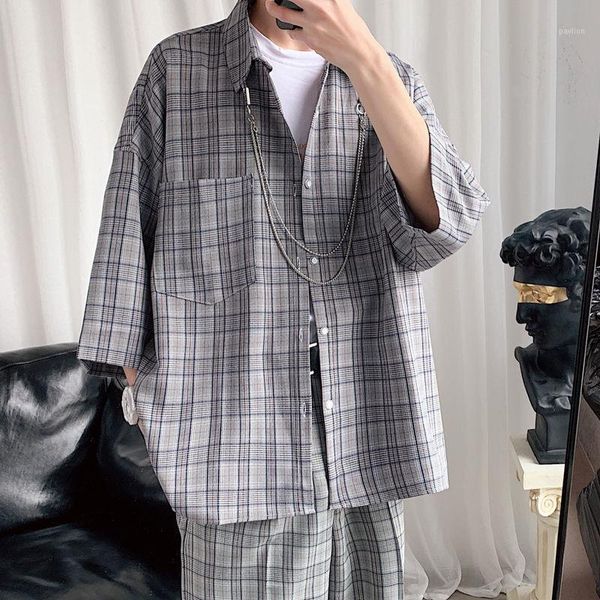 

2020 summer men's seven sleeve grey/khaki hawaiian shirt (with chain) camisa masculina mens fashion high-quality shirts -xl1, White;black
