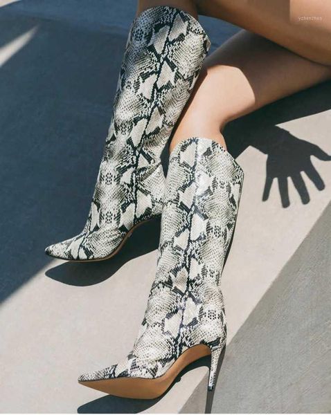

boots stylish python print leather knee high black red white snake stiletto heels fall winter long pointed toe dress shoes1