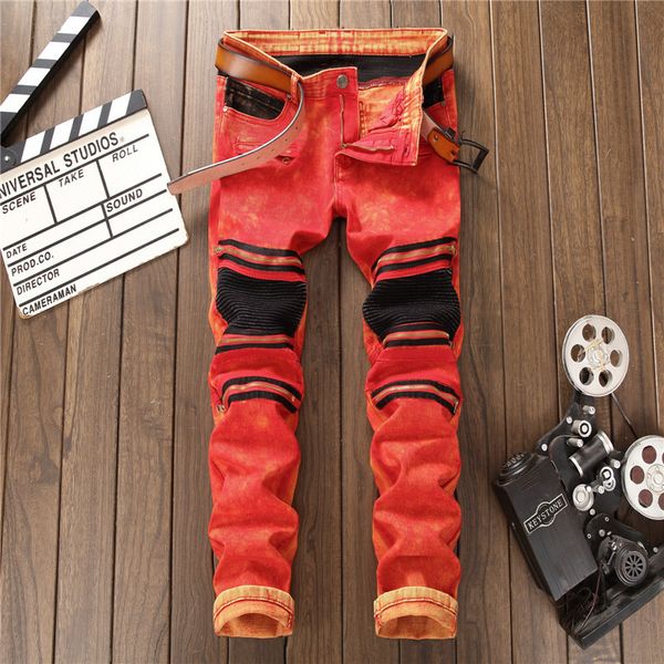 

european american fashion high street men jeans red color slim fit zipper spliced biker jeans homme night club hip hop men, Blue