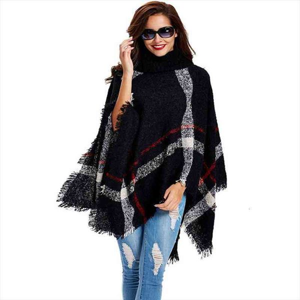 

11th nov plus size womens wool plaid cardigan turtleneck cape batwing sleeve knit poncho sweater, White;black