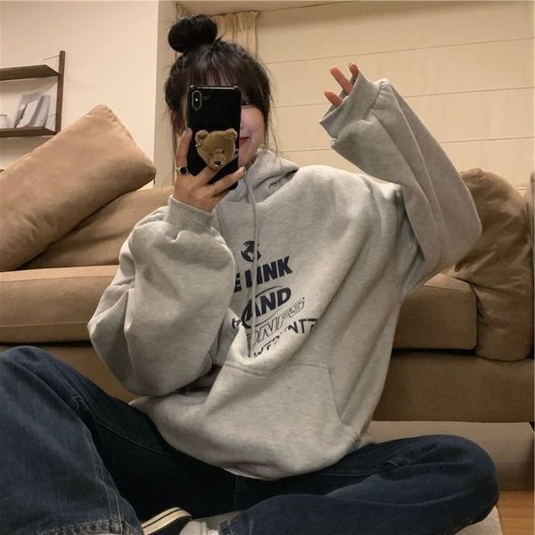 

ofall / winter 2020 loose korean new hooded sweater women's plush thickened pullover grey coat ins fashion, Black