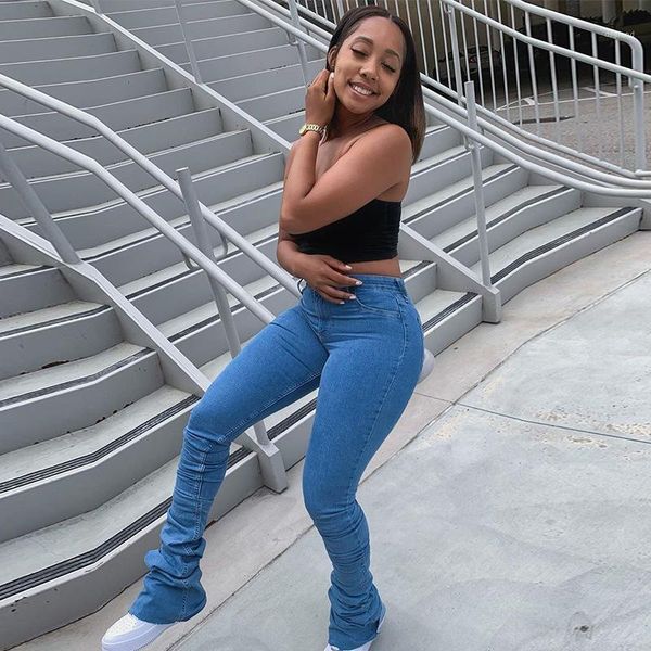 

womens flare jeans zipper fly fashion stacked pants streetwear new casual female clothing skinny mid waist, Blue