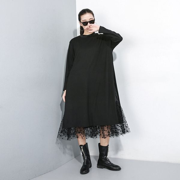 

[eam] women black mesh dot split joint dress new stand collar long sleeve loose fit fashion tide spring autumn 2020 lj201203, White;black