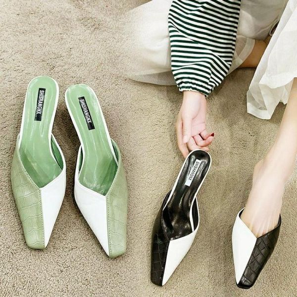 

2021 summer ladies sandals lazy baotou sandals and slippers ladies high heels fashion leather color matching women's shoes, Black