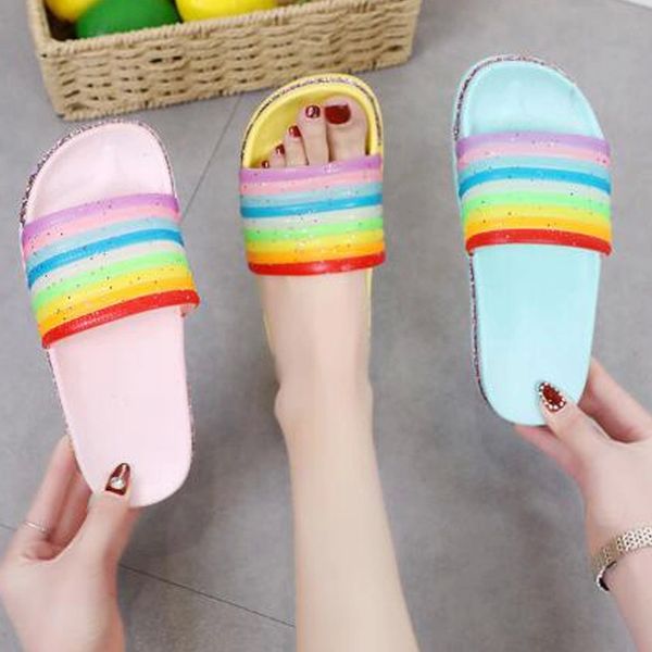 

women's summer rainbow sandals pink sequin bling slippers female indoor l home shoes women slides beach luminous flip flops #cy2b, Black
