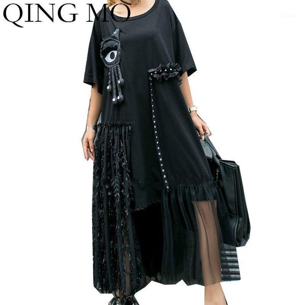 

casual dresses qing mo black irregular women slim dress with doll mesh patchwork female streetwear loose 2021 zqy42581, Black;gray
