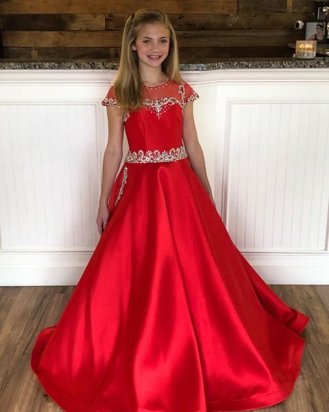 Vestido de concurso de cetim vermelho para adolescentes juniores 2021 bolsos brilho brilho cristal longo vestido de concurso para menina boné manga formal p178q