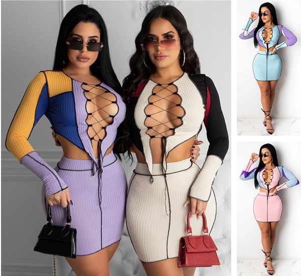 

autumn and winter 2020 new style lace up cut out color contrast long sleeve t-shirt short skirt reverse hem set for women fashion suit, White