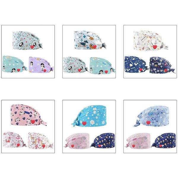 

3pcs adjustable working cap with heart buttons sweatband cartoon animal floral print elastic tie back bouffant hat, Blue;gray