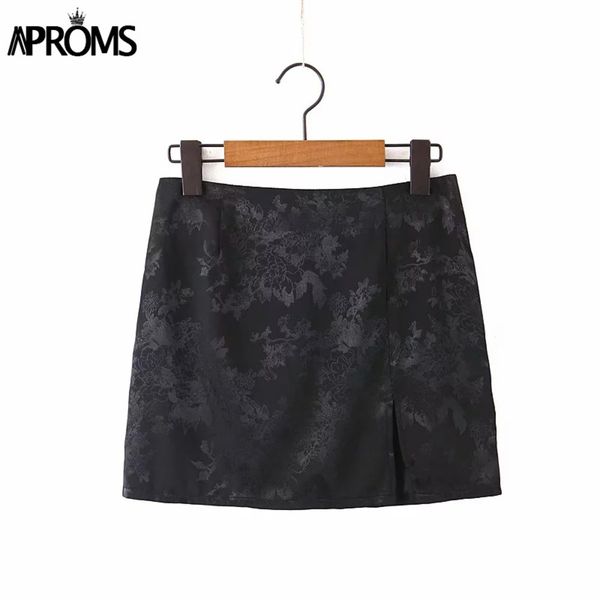 

aproms soft satin side split black mini skirts women summer floral high waist a-line short skirt female back zipper bottoms 2020 q1209