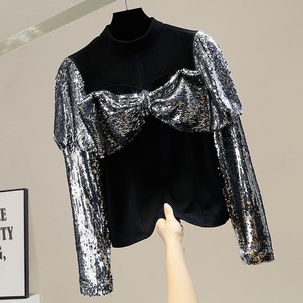 

fashion sequins bubble sleeve shirt three-dimensional bow see-through gauzy stitching fall winter clothes women, White