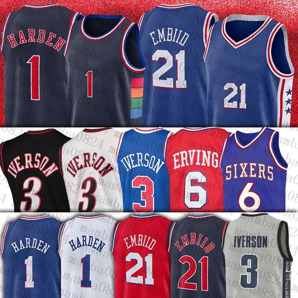 

philad elphia 76e rs iverson joel 21 embiid basketball''nba''jerseys harden 3 allen julius 6 erving 75th men 2001 02 ret, Black;red