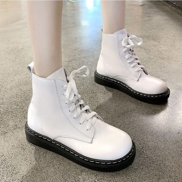

women motorcyle boots lace up casual shoes 2020 winter new white black riding equestrian boot flat round toe lolita shoes 8612n