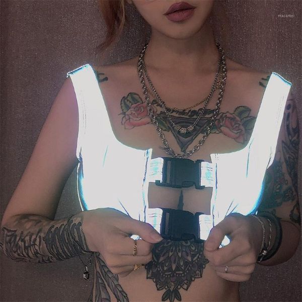 

womens reflective vest hollow buckle crop sleeveless party clubwear ngd881, White
