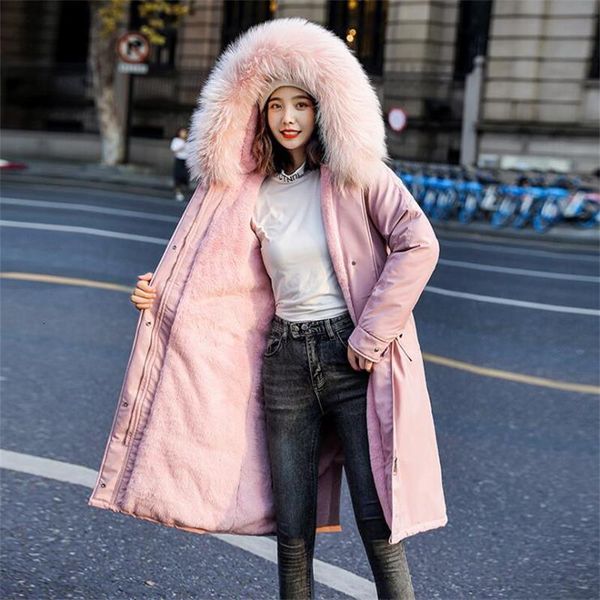 

2021 new jacket of women parkas wool lining long with hoodie fur collar thicken winter coats warm bnxk, Black