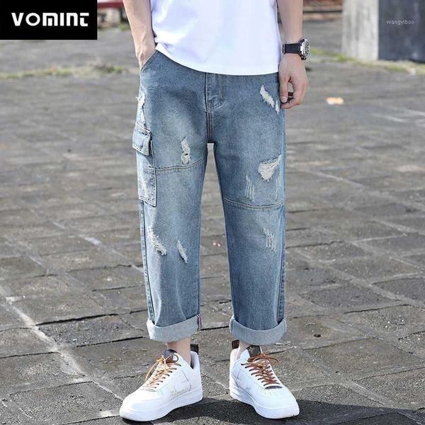 

vomint new 2020 summer loose large size men's fashion casual cropped pants trend harem light blue jeans denim1