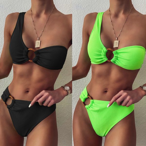 Biquíni Sexy Tecido Costela 2020 Moda de Banho de Um Ombro Feminino Conjunto de Biquíni Verde Neon Preto Maiô Feminino Maiô Brasileiro Feminino