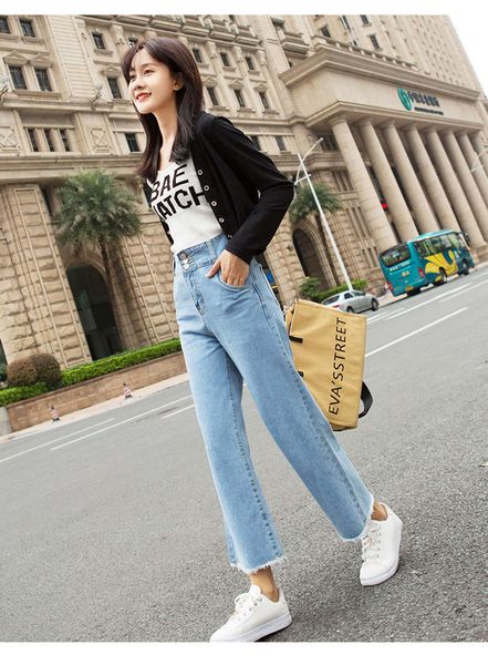 

pants summer 2020 high waist straight jeans spring women's capris, Blue