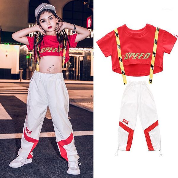 

girls hip-hop dance costumes kids children short-sleeved hiphop pants jazz ballroom dancing clothes stage outfits sl21111, Black;red
