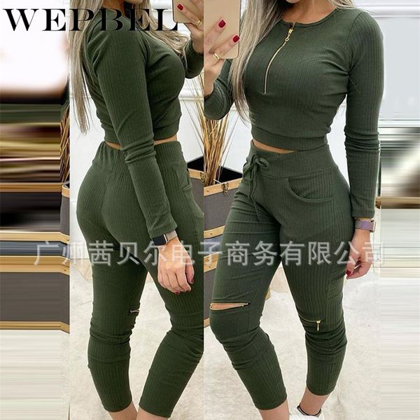 

women zipper tracksuit 2 piece set ladies sweat suit army green long sleeve zipper crop sweatshirt + drawstring pants q1210, Black;white