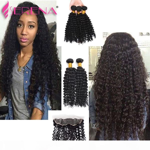 

13*4 lace frontal closure 7a peruvian virgin hair deep wave 4 bundles peruvian deep wave with frontal closure human hair, Black;brown