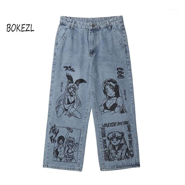 

bokezl cartoon printed jeans men's bf harajuku fashion brand street casual fashion graffiti loose blue jeans n11631