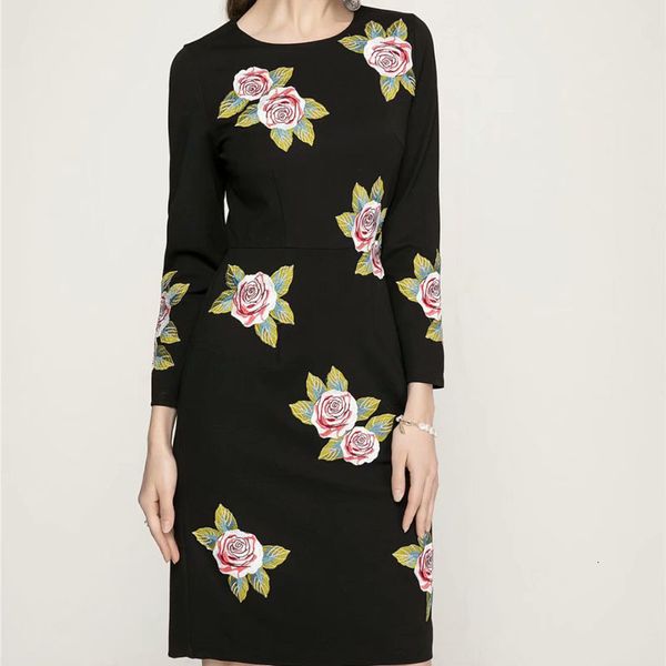 

2021 spring new retro-ethnic style embroidered flowers long sleeves thin temperament mid-length in black women's clothes oh9f, Black;gray