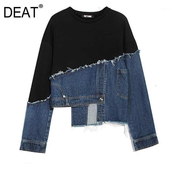 

deat 2020 new spring fashion women clothes loose round neck denim patchwork pullover asymmetrical sweatshirt female wk07405m1, Black