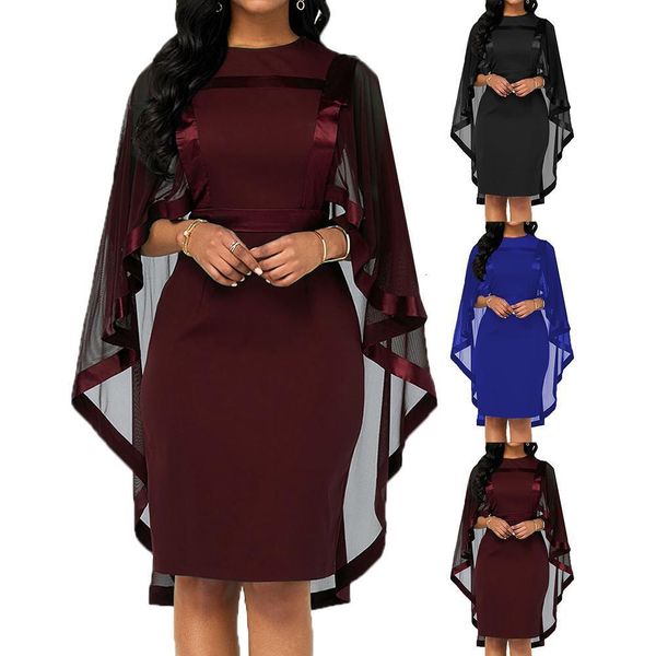 

fashion women cape slim round collar cocktail party banquet bodycon dress elegant slim bodycon dress 2021 work shirt dress, Black;gray