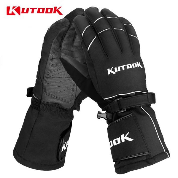 

kutook winter warm ski gloves touch screen snowmobile bicycles thicken pu snowboard waterproof thermal men women skiing gloves bbyksh, Black