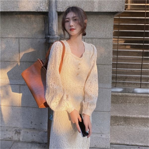 

2021 new women's dresses sweet solid turtleneck square puff sleeves crochet waist mid calf dressed loose to line wearing spring 4z09, Black;gray