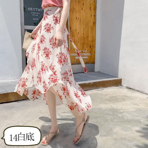 

irregular woman chiffon skirt floral printed open stitch woman beach skirts sash waisted summer long skirts travel1, Black