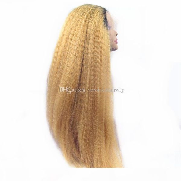 

selling 2 tones blonde ombre kinky straight synthetic lace front wigs with dark roots heavy density heat resistant fiber hair, Black