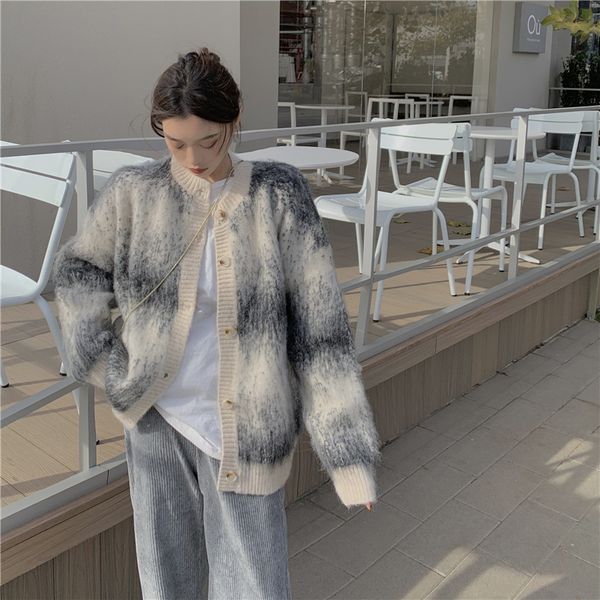 

grey sweater cardigan autumn winter korean loose lazy wind knitted coat + corduroy wide leg pants, White;black