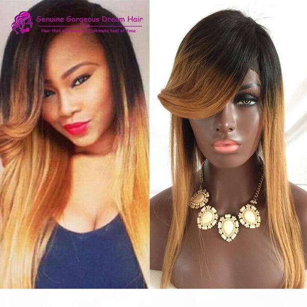 

brazilian human hair glueless ombre #1b 27 front lace wig ombre full lace wig with side bangs and large stock, Black;brown