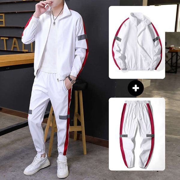 

suit autumn reflective strip men's casual sportswear fashion trend couple's two piece set, Gray