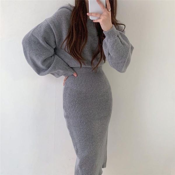 

casual dresses fashion korean hooded pullover dress bodycon women elegant temperament tunic high elastic sweater vestidos, Black;gray