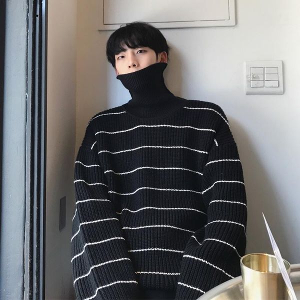 

men's sweaters striped sweater for men winter warm turtleneck knitted black outdoor sueteres para hombre clothing bg50ts, White;black