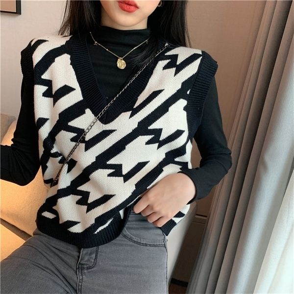 

women knitted sweater vest autumn korean style vintage geometric houndstooth v neck sleeveless pullover waistcoat t454 201202, White;black