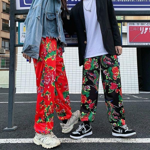 

handsome chinese style big flowered pants for men and women, Black