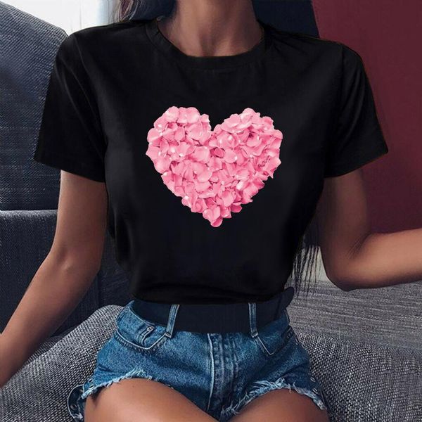 

pink floral heart print t shirt women black t-shirt harajuku tshirt summer fashion tee shirt, White